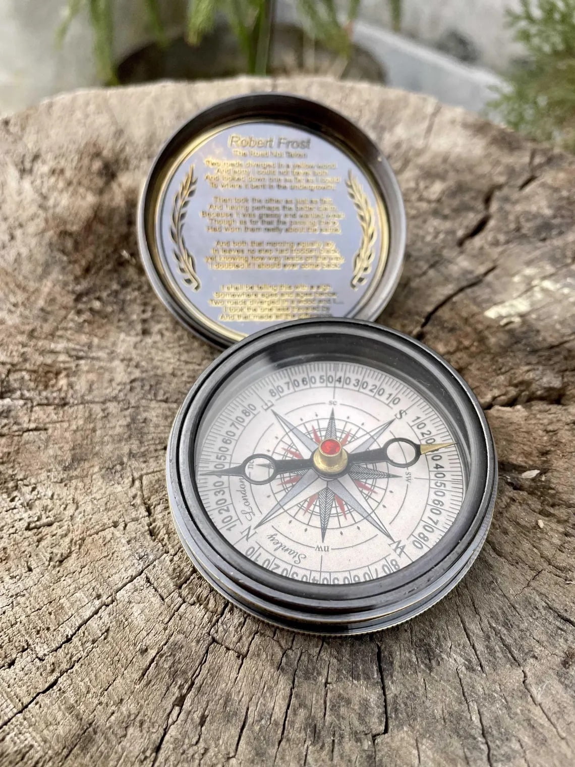 Robert Frost Engraved Compass - "The Road Not Taken" Brass Pocket Compass - Graduation, Traveler & Anniversary Gift