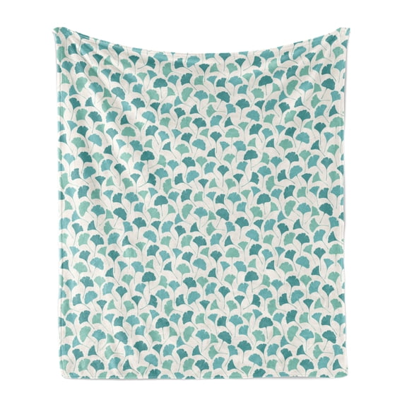 Forest Soft Flannel Fleece Throw Blanket, Native Chinese Woodland Leaves from Ginkgo Trees Pastel Silhouettes, Cozy Plush for Indoor and Outdoor Use, 50" x 70", Teal Turquoise and Cream, by Ambesonne