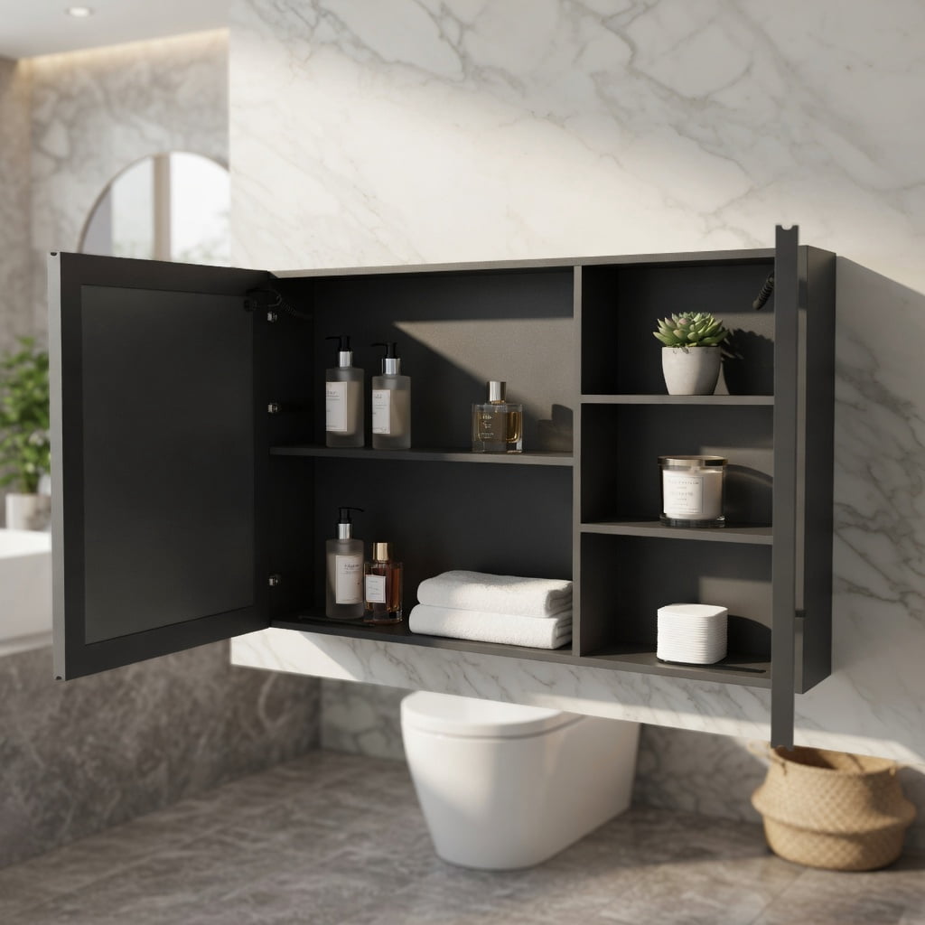 Hommoo Modern LED Bathroom Medicine Cabinet with Anti-Fog Mirror & Soft White Lighting, Wall-Mounted Aluminum Two-Door Storage Mirror, Black