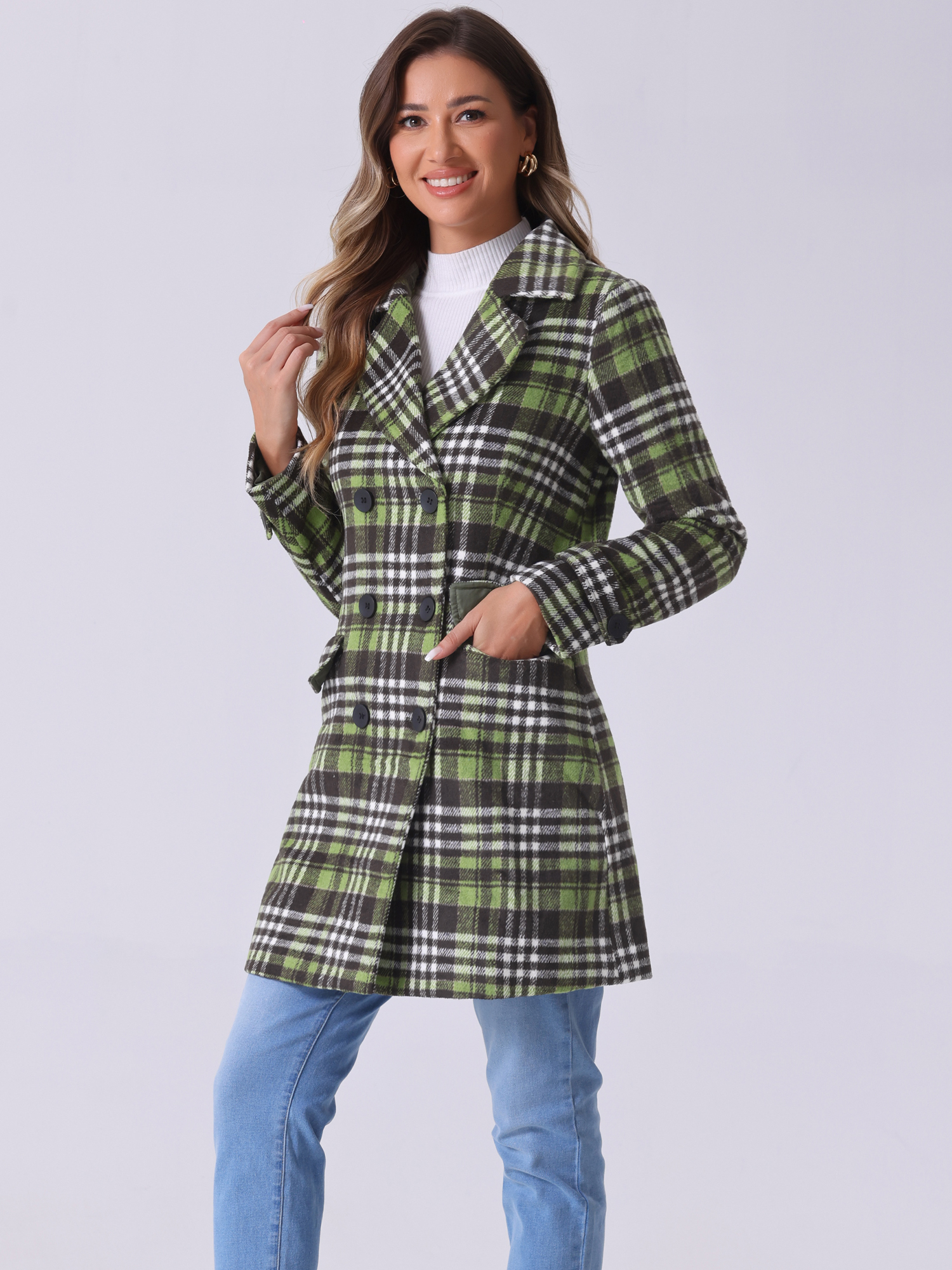 DARING DIVA Women's Plaids Double Breasted Notched Lapel Trench Coat Light Green L