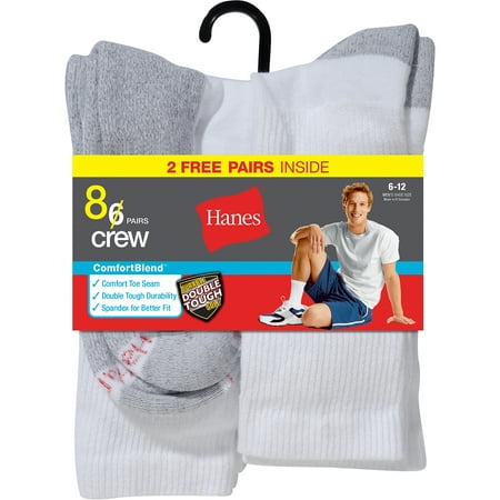 Hanes Men's Crew Socks 6 Pack + Get 2 Free - Walmart.com