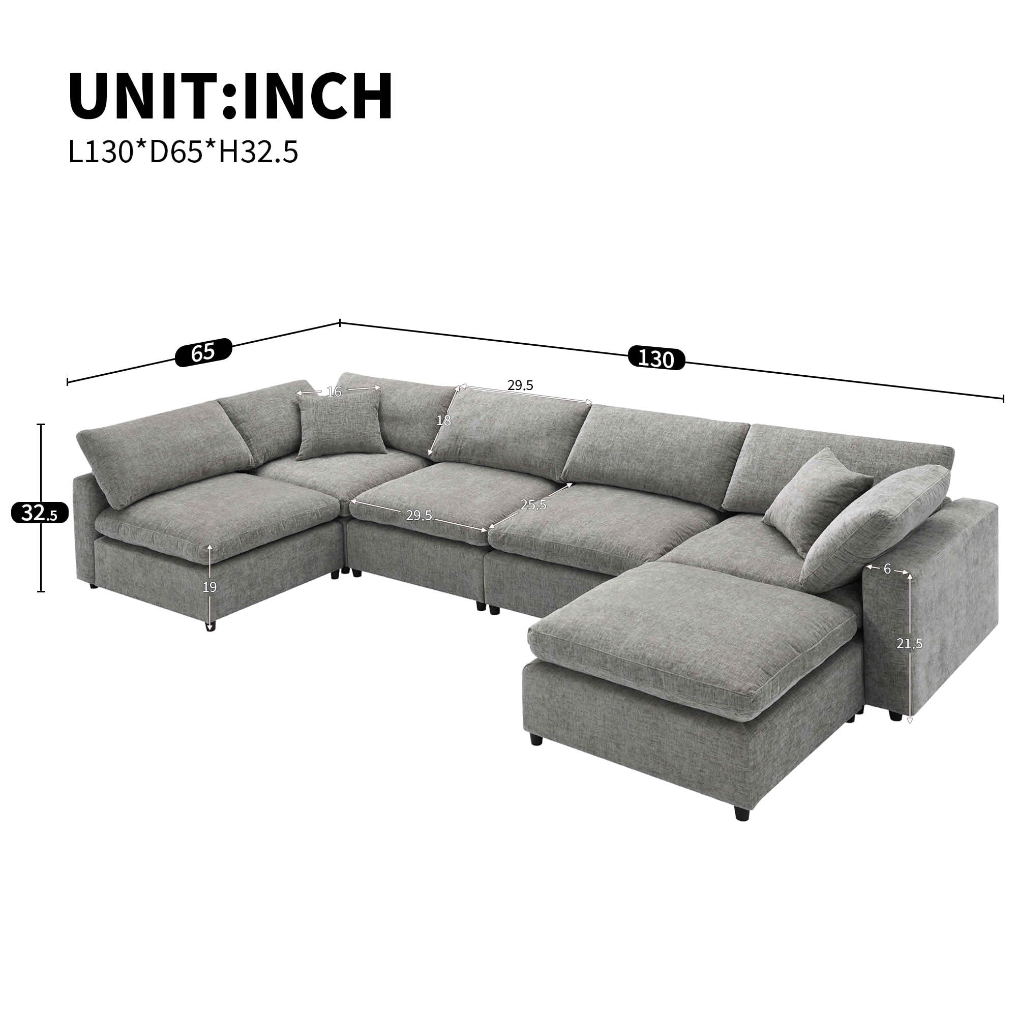 MAYEERTY 130x65" Modular Cloud Sofa Bed - 6-Seat Chenille, Convertible U-Shaped with Ottoman