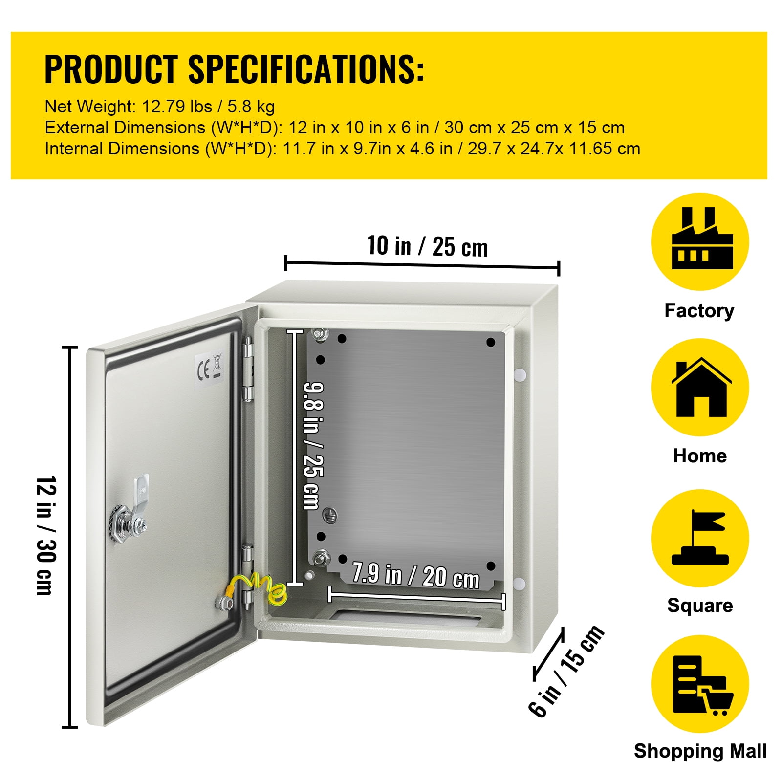 SKYSHALO Steel Electrical Box 12” x 10” x 6”, Carbon Steel Hinged Junction Box, IP65 Weatherproof Metal Box Wall-Mounted Electronic Equipment Enclosure Box with Mounting Plate