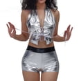 thumbnail image 7 of Afdoent Shorts For Women Solid Color Shiny Leather Stage Performance Pants Gold Embossed Leather High Waist Shorts Beach Vacation Outfits, 7 of 7