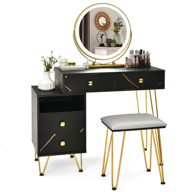 Costway Ensemble Coiffeuse Tabouret Variateur Miroir DEL Grande Armoire de Rangement Tiroir Noir
