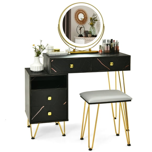 Costway Vanity Table Stool Set Dimmer LED Mirror Large Storage Cabinet Drawer Black