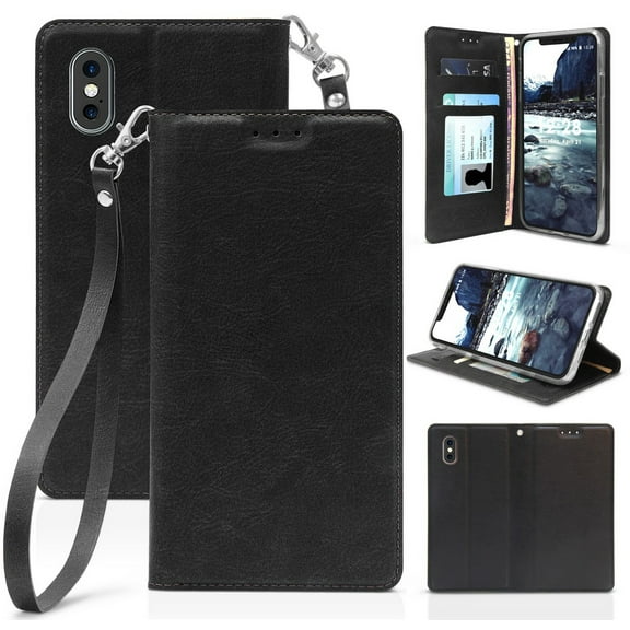Case for iPhone Xs Max, New Folio Leather Wallet Credit Card Slot ID Cover, View Stand [with Subtle Magnetic Closure and Wrist Strap Lanyard] for Apple iPhone Xs Max (10s Max) 6.5"