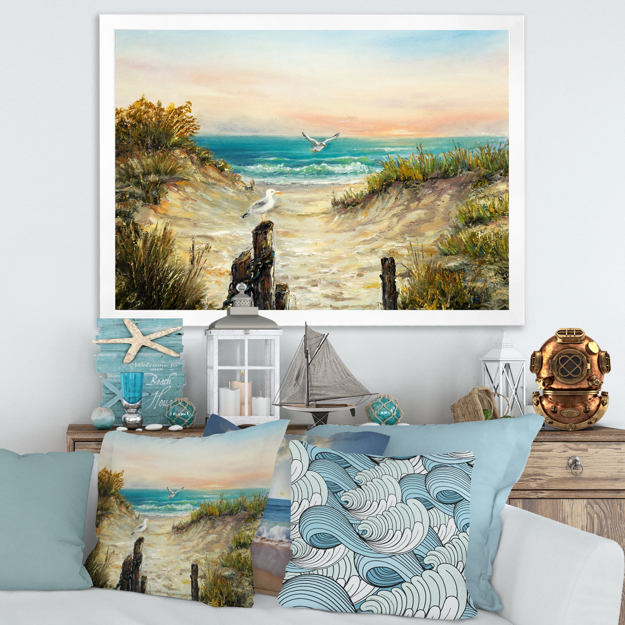 Ocean Dunes During Pink Sunset on Beach 40 in x 30 in Framed Painting Canvas Art Print, by Designart