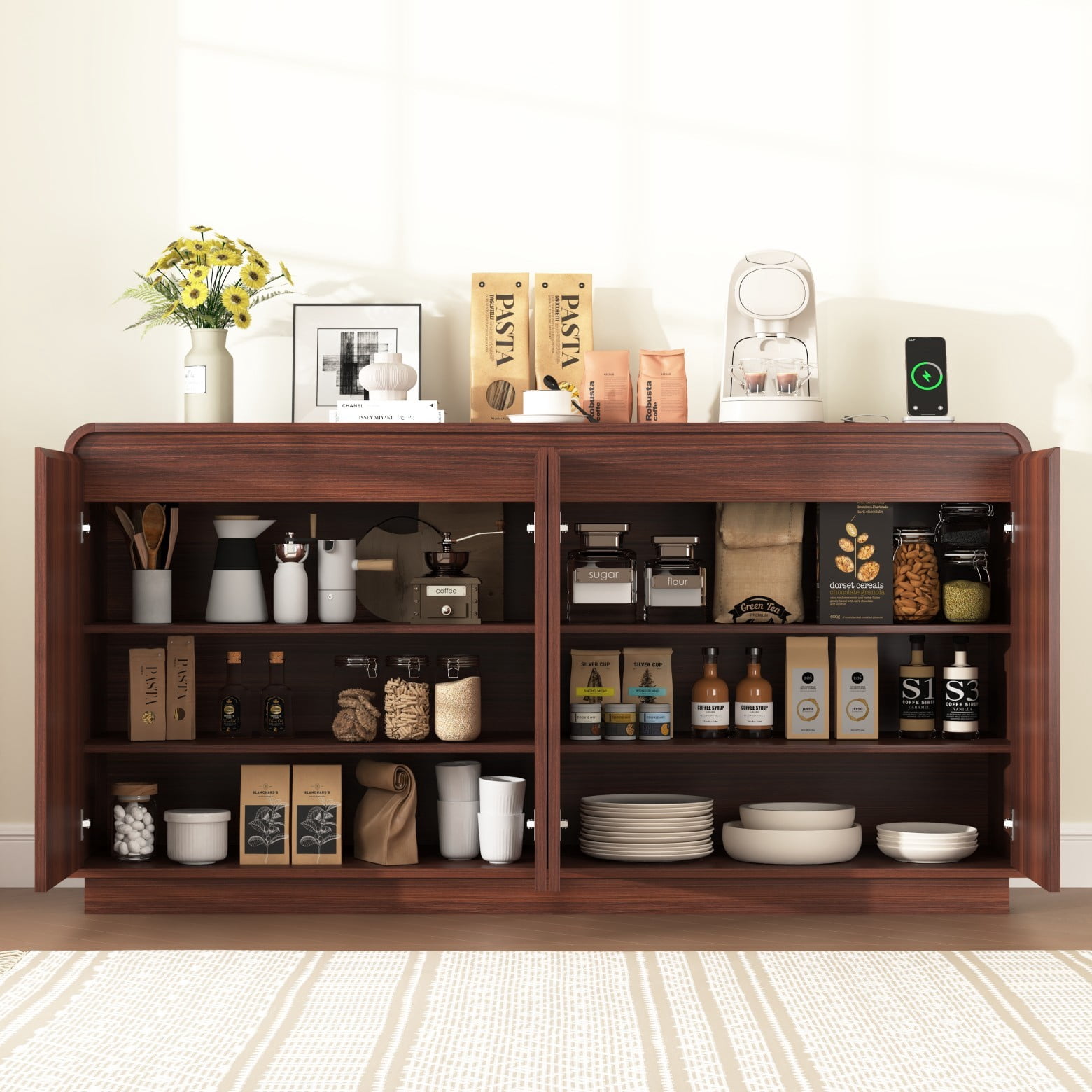 59" Walnut Fluted TV Stand with Power Outlet, Modern Handleless Media Console with Adjustable Storage, Entertainment Center for Living Room, Walnut