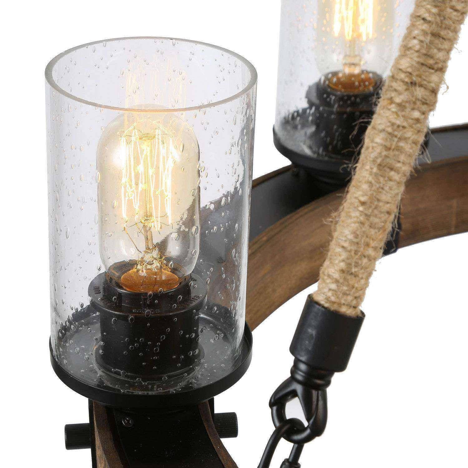 LNC 6-Light Distressed Wood and Black Wagon Wheel Chandelier with Seeded Glass