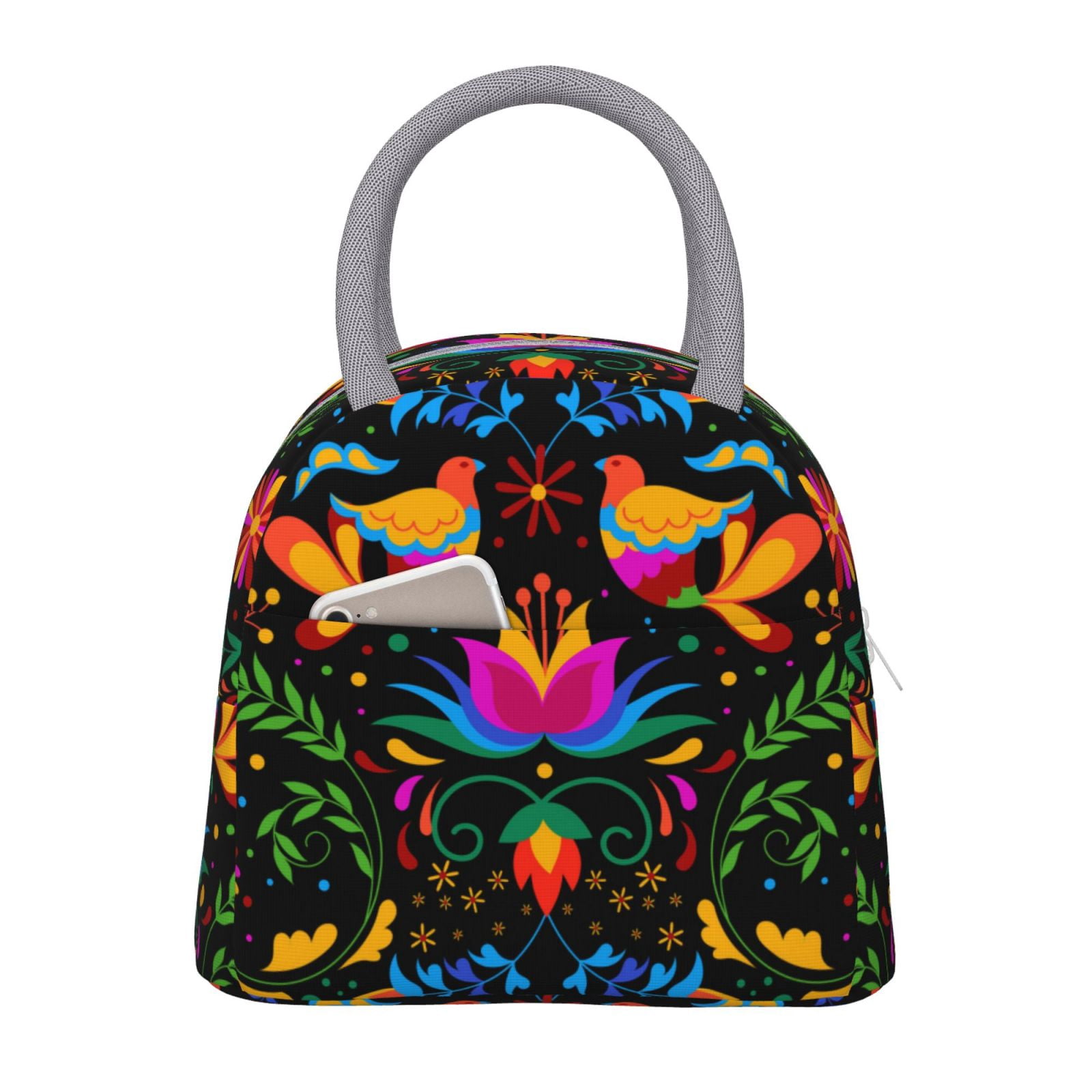 Horeoi Mexican Flower Traditional1 Pattern Large Insulated Lunch Bag for Work, School, Picnic - Waterproof, Durable Oxford Cloth, Comfortable Handle-Light Grey