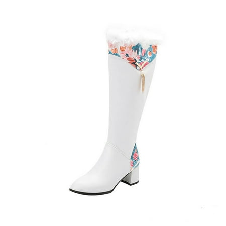 

Lovskoo 2024 Women s High-Heels Knee High Boots Round Toe Plus-Size Boots With Raised Printed Thigh-High Boots White