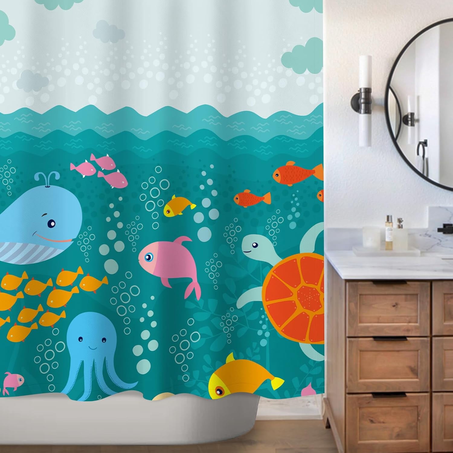 Lovely Cartoon Sea Creatures Fabric Shower Curtain for Kids, Whale Turtle and Fish Bathroom Decor Curtain for Girls and Boys