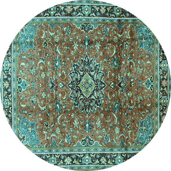 Ahgly Company Machine Washable Indoor Round Persian Turquoise Blue Traditional Area Rugs, 4' Round