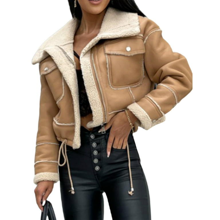 Ly Varey Lin Women's Faux Shearing Moto Jacket Thick Lined Parka Winter Shearling Coat Leather Jacket
