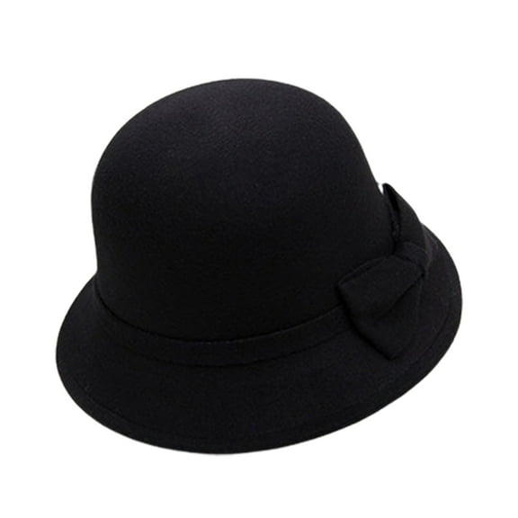 Kripyery Solid Color Wide Brim Round Dome Sunscreen Windproof Woolen Hat Women Autumn Winter Elegant Bowknot Decor Felt Fedora Hat Daily Wear
