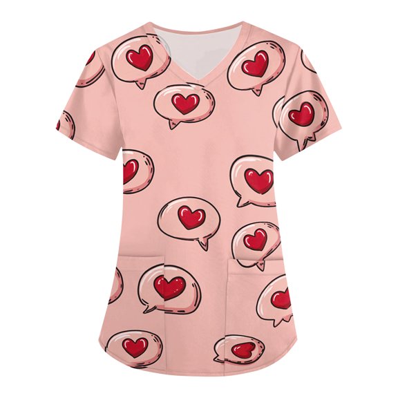 Valentine Day Scrubs for Women V Neck Quick Dry Short Sleeve Nursing Scrubs Love Heart Print Cute Plus Size Scrub Tops with Pockets Red S