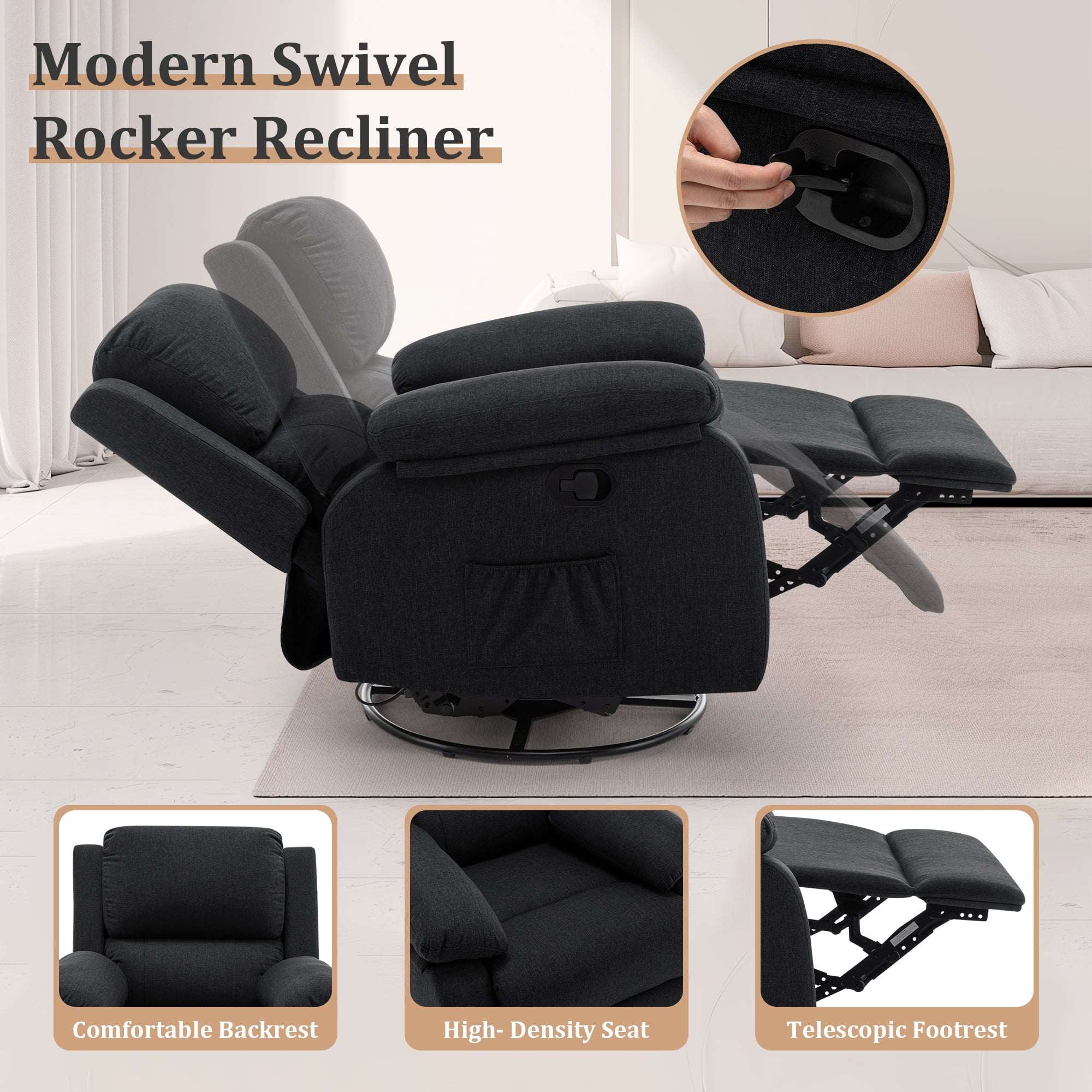 Korser Swivel Rocker Small Recliner Chair for Small Spaces for Living Room,Nursery,Black