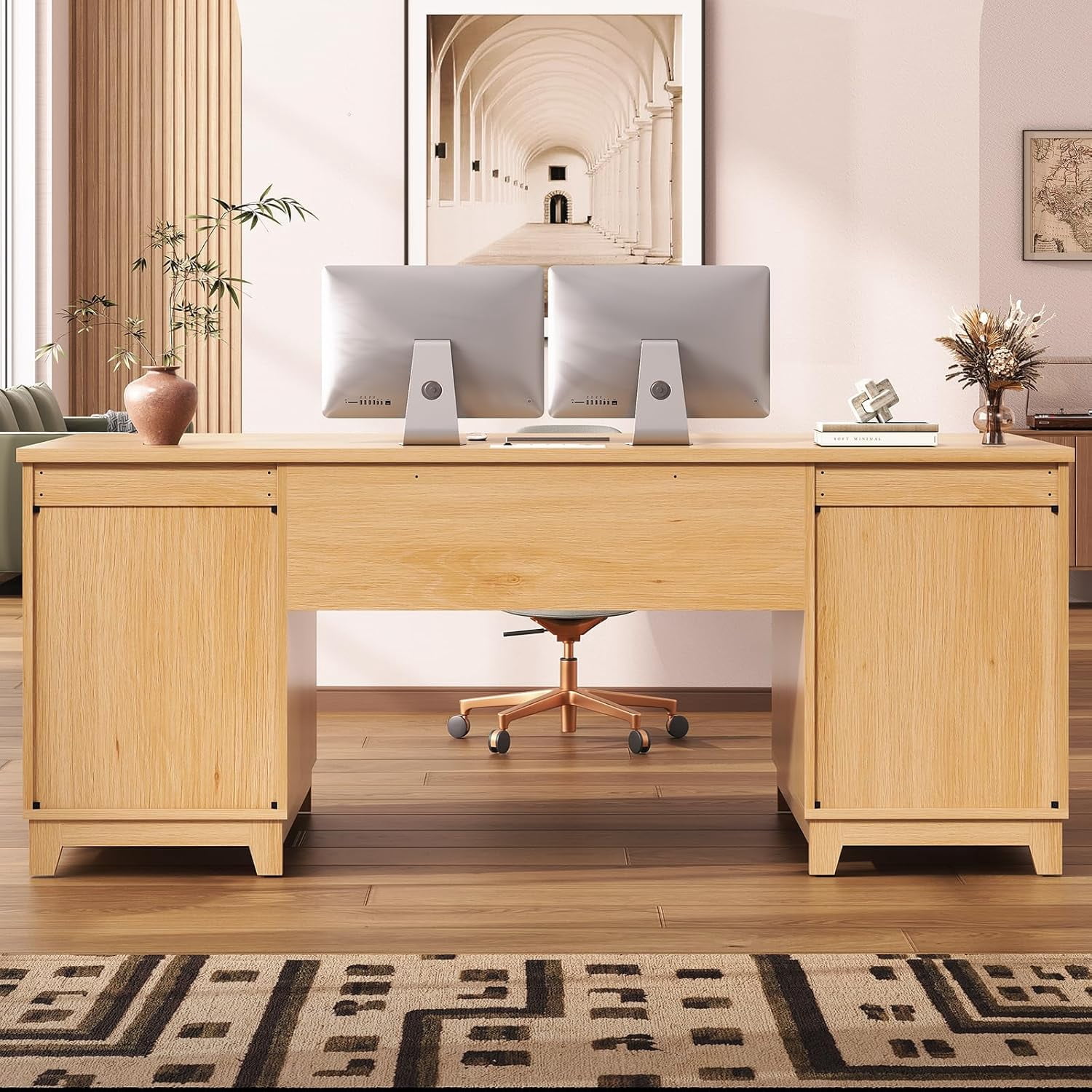 SEDETA 55 Inch Fluted Computer Desk with 6 Drawers, Modern Executive Desk with Acrylic File Drawers, Home Office Desk with Power outlets for Writing and Study, Vanity Desk for Bedroom, Natural Wood