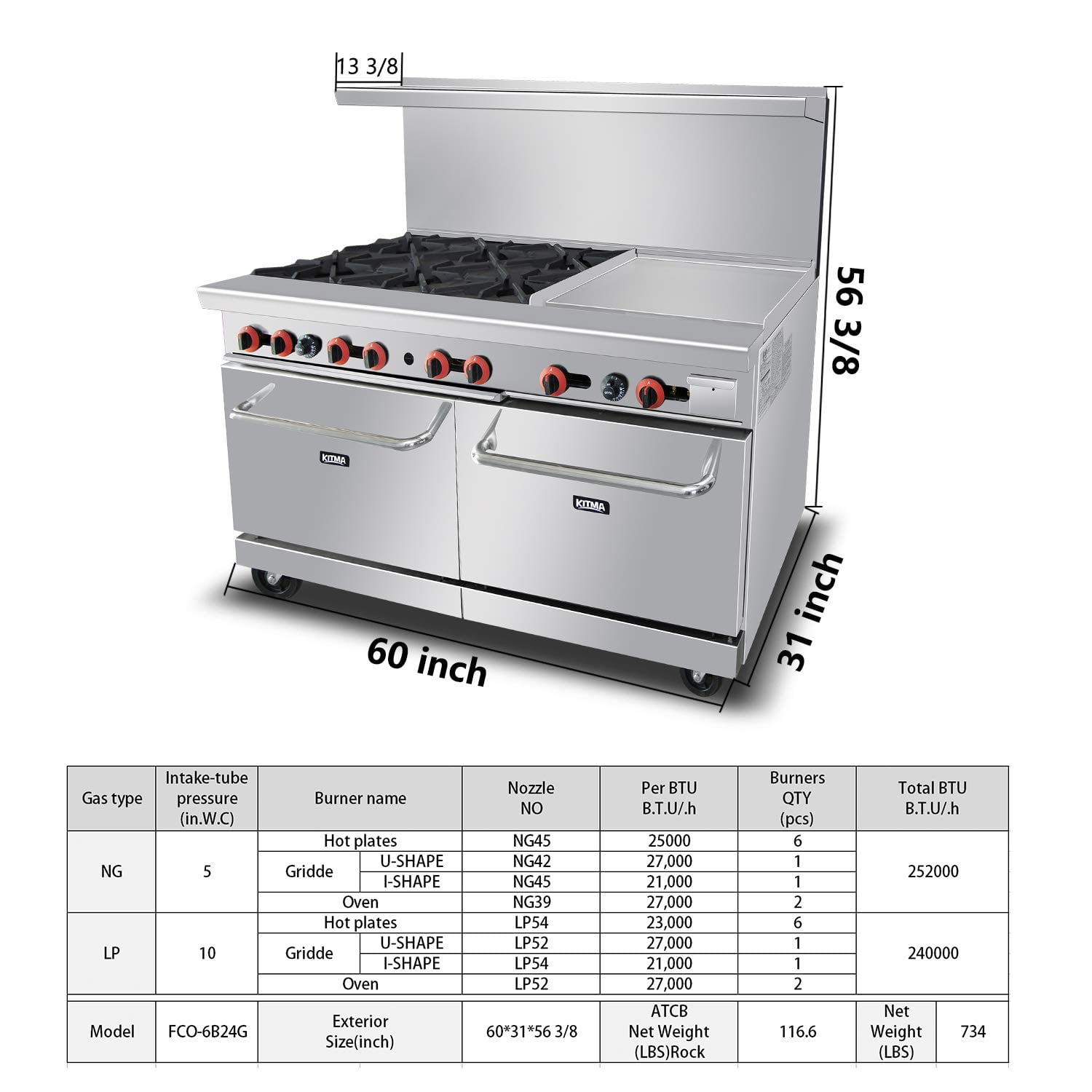 Empura Stainless EGR60-GS24_NAT Empura Natural Gas 60 Wide Stainless Steel  6-Burner Gas Range With Elevated 24 3-Burner Right Side Griddle / Built In  Salamander Broiler And 2 Full Sized Standard Ovens 302