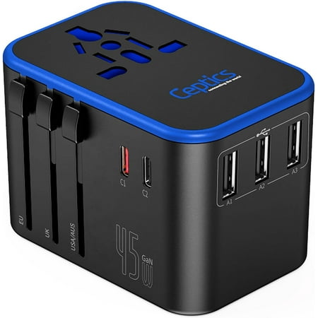 Universal Travel Adapter, 45W International Power Adapter with PD & QC 3.0 Dual USB-C, 3 USB Travel Adapter Worldwide, Type I C G A Outlets 110V 220V A/C - EU Euro US UK (11-KU)