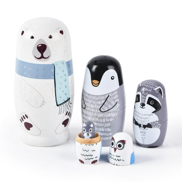 Tngan Nesting Dolls, 5Pcs 6" Tall Russian Nesting Dolls, Handmade Matryoshka for Kids, Wooden Stacking Toys for Christmas Home Wedding Party Decorations (Polar Bear)