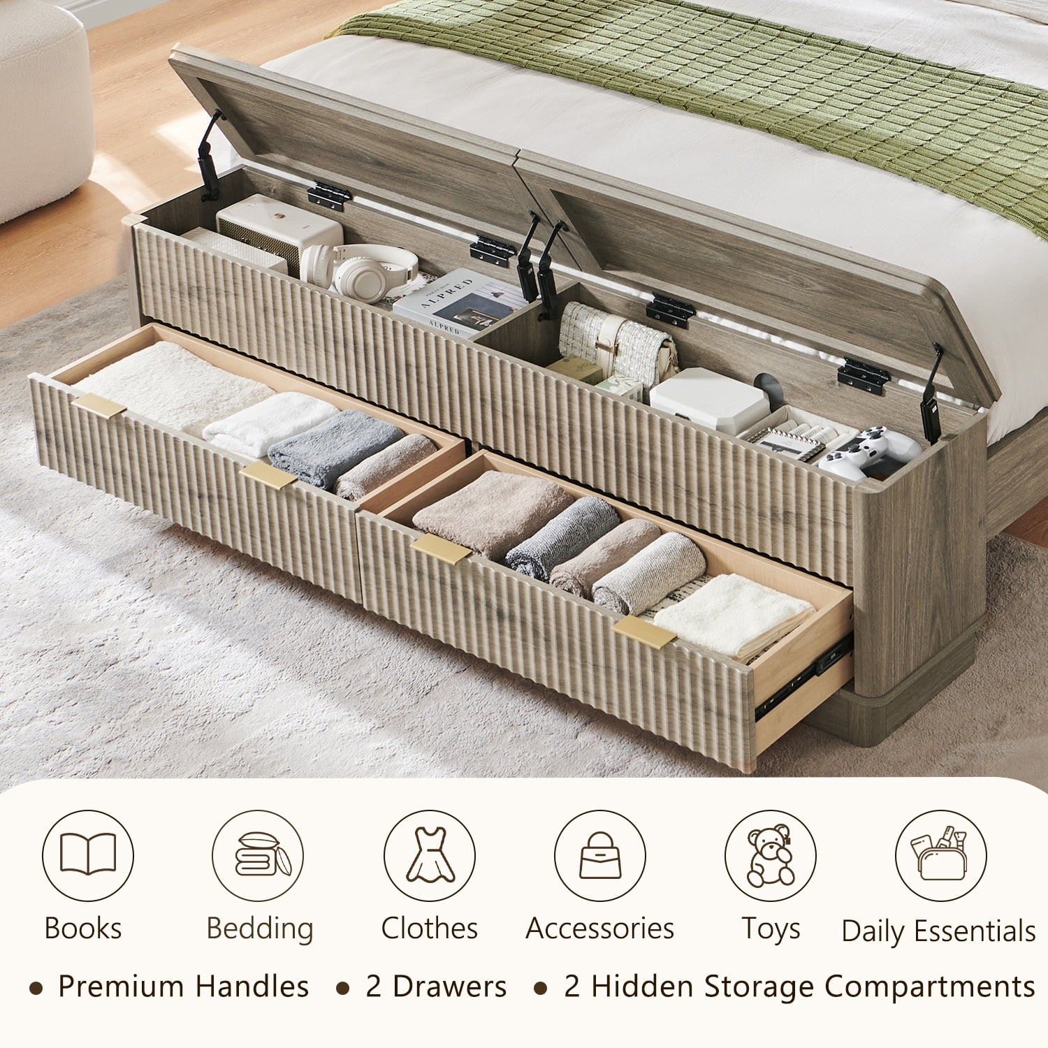 KeyWhat Modern Fluted Queen Size Bed Frame with Headboard & Storage Footboard, Built-in Drawers & Lift-Up Gas Struts, Solid Wood Slats, No Box Spring Needed, Grey Alder