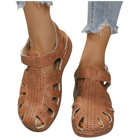 THDHVS Women's Sandals,Flat Sandals for Women,Fashion Women Casual Round Head Comfy Beach Casual Sandals Shoes Brown 7.5