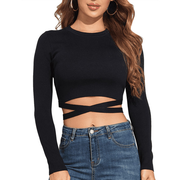 PrettyGuide Women's Knit Cropped Sweater Tops Long Sleeve Slim Fitted Sexy Crisscross Tie Up Ribbed Tunic Crop Pullover