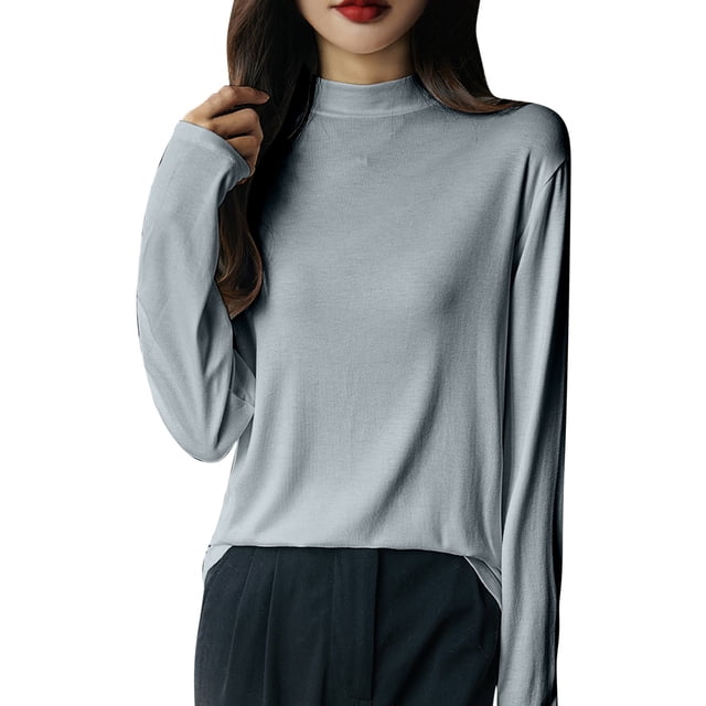 Dagugfen Blouses pour Femmes Manches Longues Col Rond Tricot Mince Léger Hauts Couleur Unie