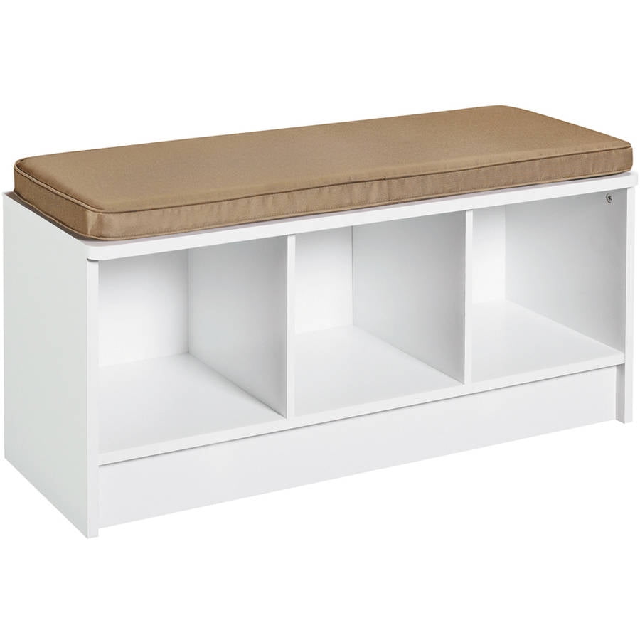 White Entryway Storage Bench With Cushion Small Hallway 3 Cube