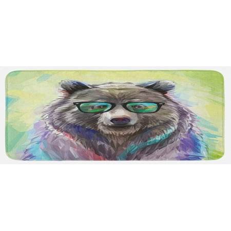 

Animal Kitchen Mat Funny Cool Low Wild Hipster Bear Spectacles Colorful Portrait Themed Print Plush Decorative Kitchen Mat with Non Slip Backing 47 X 19 Lime Green Purple by Ambesonne
