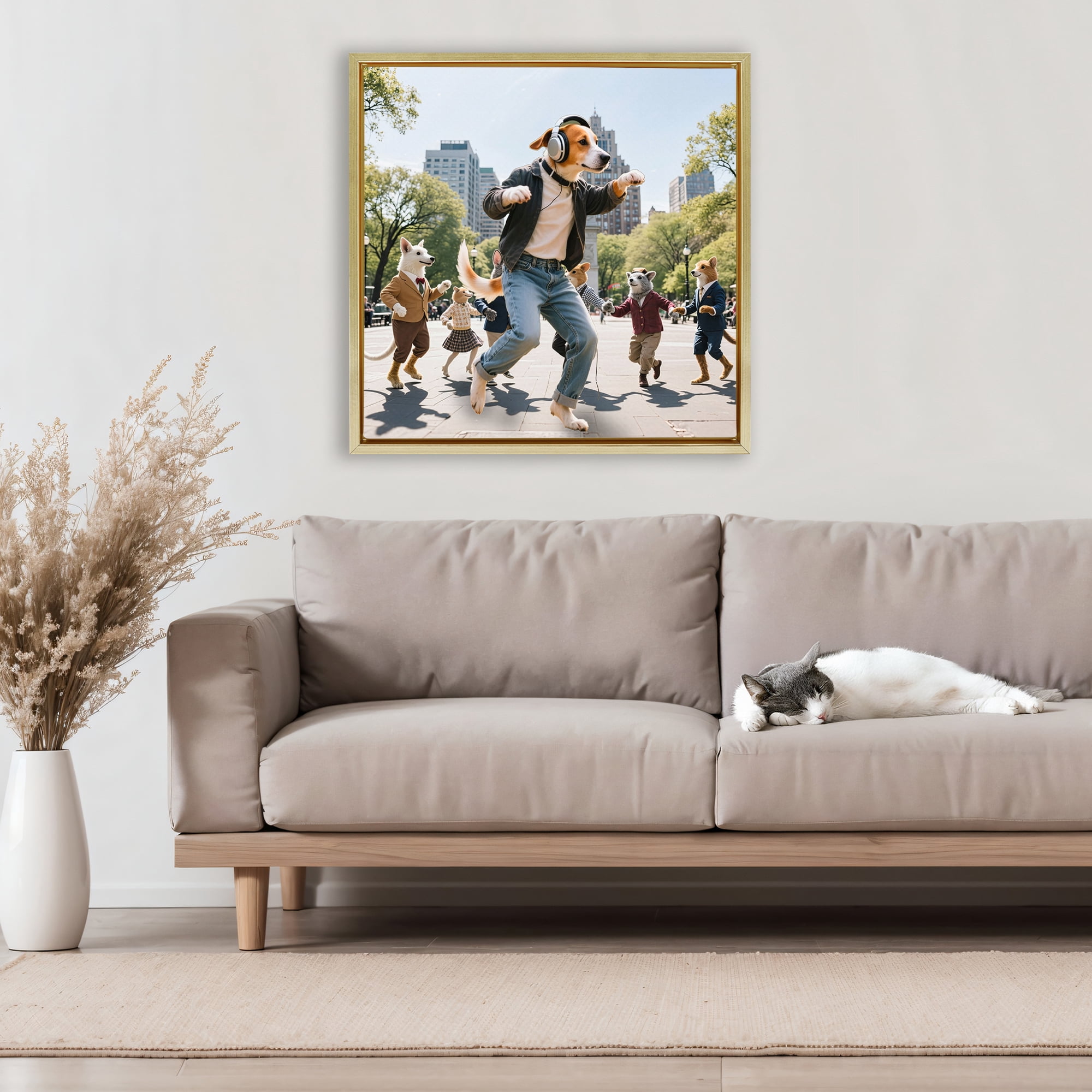 Stupell Industries Stylish Dog Dancing in Park Gold Framed Floater Canvas Wall Art, design by CAD Designs
