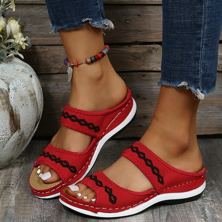 

FITORON Womens Slippers- Shoes Fashion Hollow Out Knitting Crochet Flower Comfortable Slope Heel Slippers Sandals Red 39