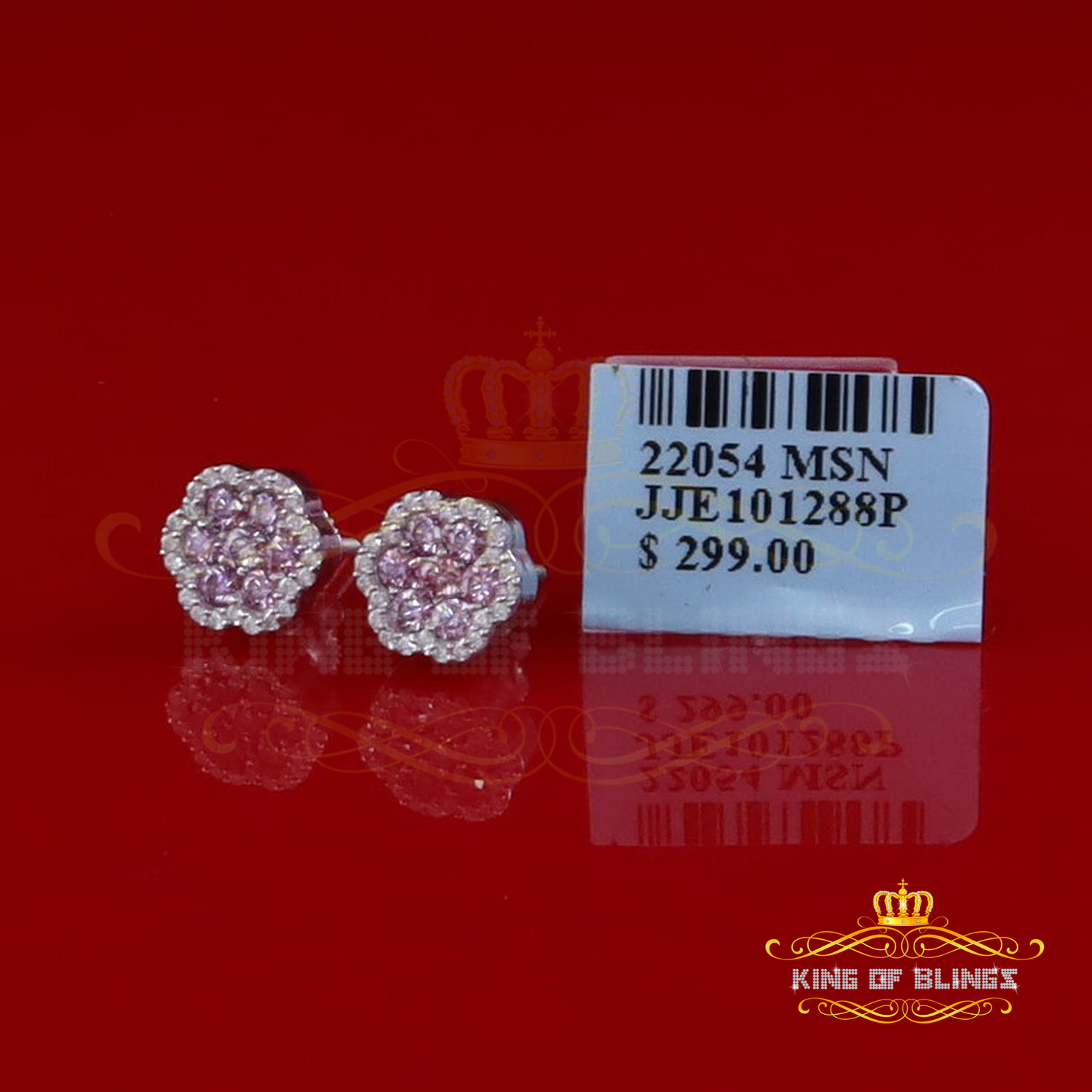 King of Bling's 925 Silver White 0.66ct VVS D Pink Moissanite Floral Men's/Women's Stud Earrings