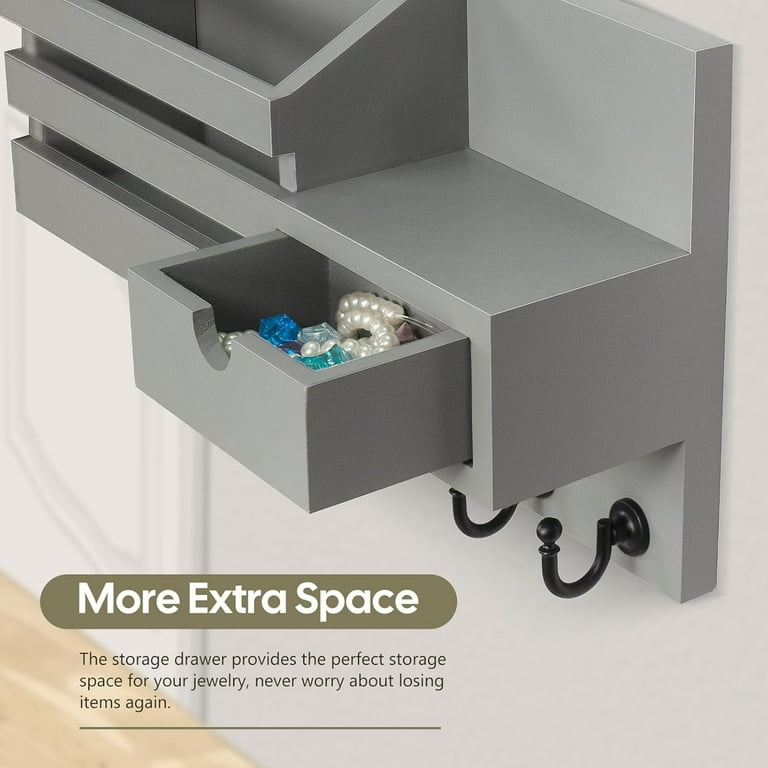 NineLan Wall Mounted Key Holder With Drawers - Pine Wood Mail Organizer, 6 Brass Hooks, Auburn Finish