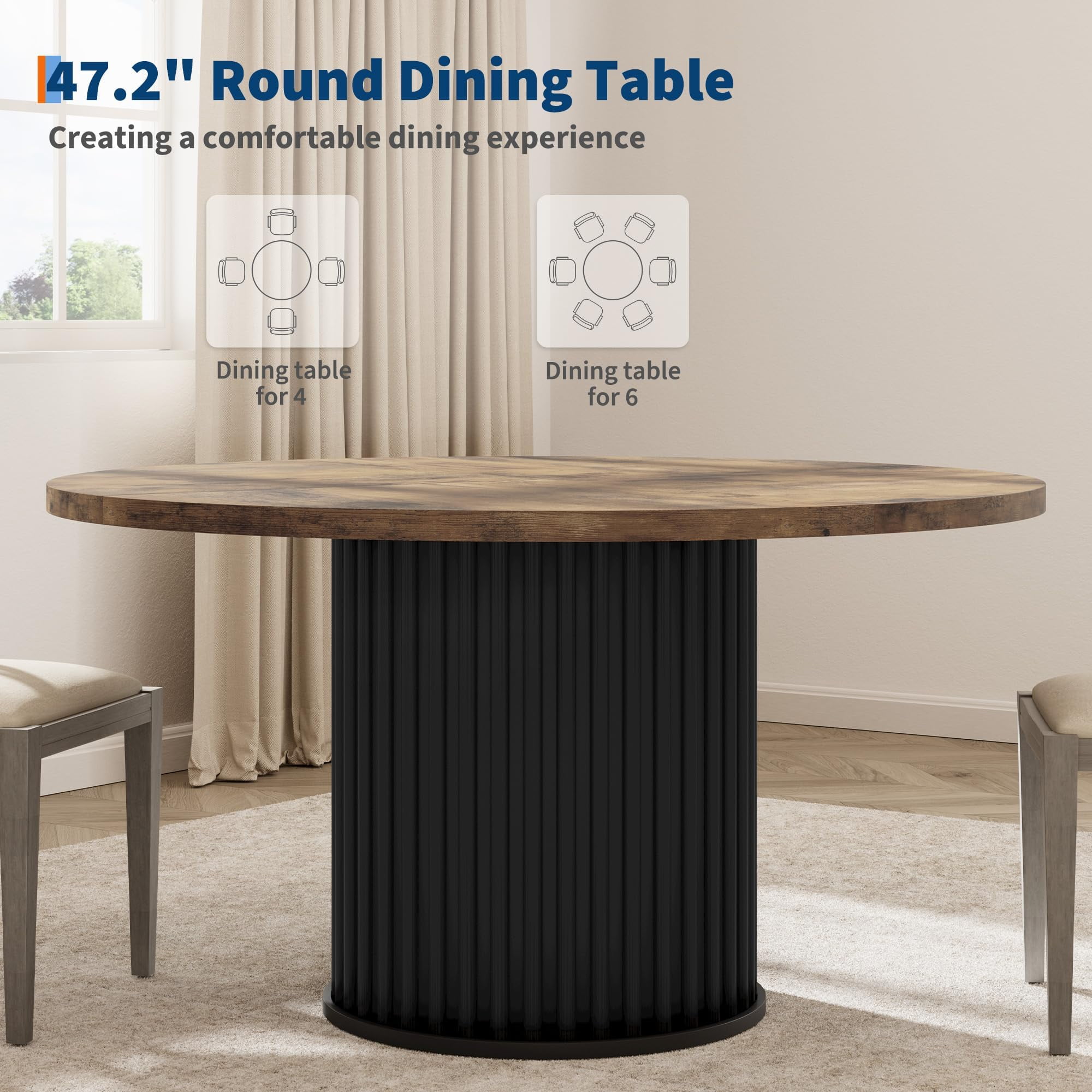 Round Dining Table for 4-6 People, 47‘’ Modern Kitchen Table with Fluted Metal Pedestal Base, Circle Dinner Furniture