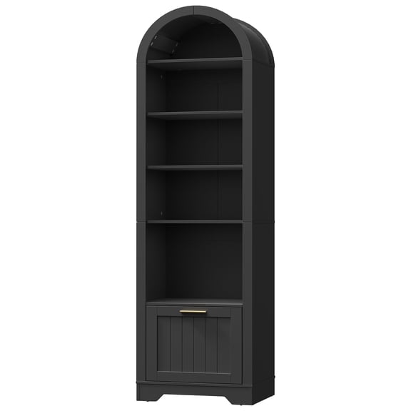 Arched Bookshelf with File Drawer, 71" Tall Narrow Bookcase for Small Spaces, 6-Tier Arched Bookcase with Storage and Adjustable Shelves, Farmhouse Bookshelf for Living Room, Black BK180SJ01G2