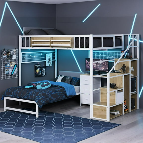 Advwin Full Over Twin Bunk Bed with Desk, Stairs, LED Light & Charging Station, L-Shaped Metal Loft Bed with Storage Shelves & Drawers