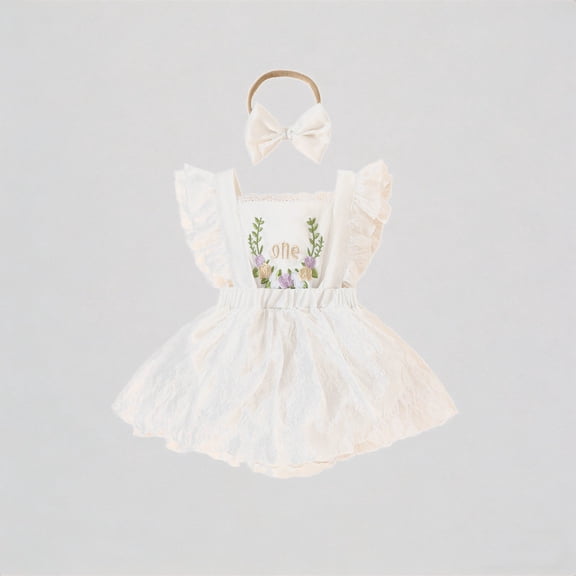 REDARER Baby Girl 1st Birthday Outfit, Lace Romper Tutu Dress with "One" Embroidery & Bow Headband for Cake,3-6 Months