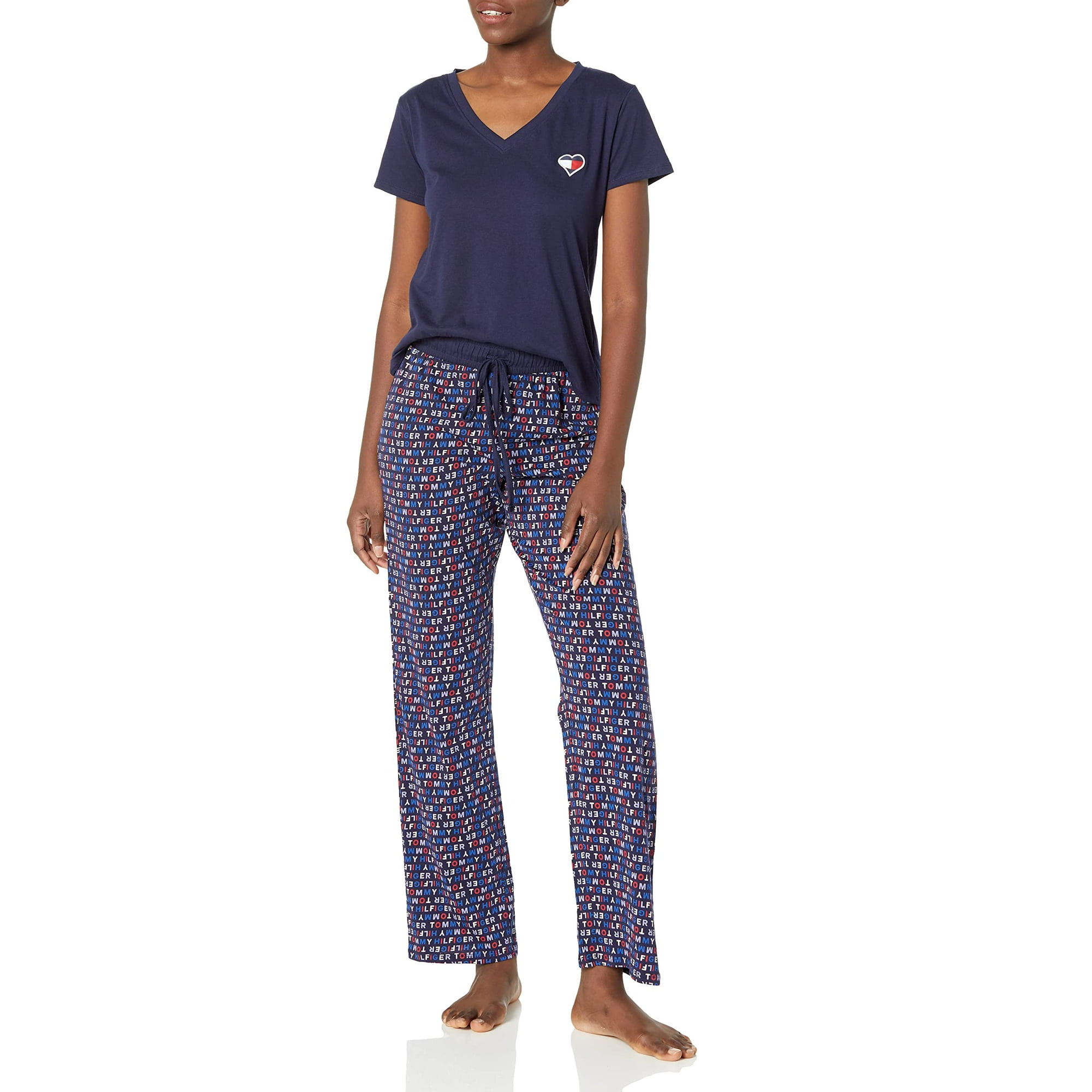 Tommy Hilfiger Womens V Neck Heart Tee And Bottom Pant Pj Pajama Set Heather Grey City Prep Plaid Heather Grey Large Us Other