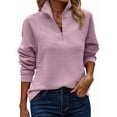 thumbnail image 3 of Womens Long Sleeve Quarter Zip Pullover Sweater Casual Loose V Neck Collared Ribbed Knit Jumper Tops Pink XXL, 3 of 9