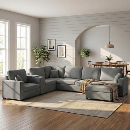 5‑Seat Modular Sectional Sofa Couch 134 U‑Shape Couch Large Family Sofa with Chaise Lounge Deep Seat Comfort Built‑In Cup Holders Storage Drawer and Pillows for Living Room (Gray)