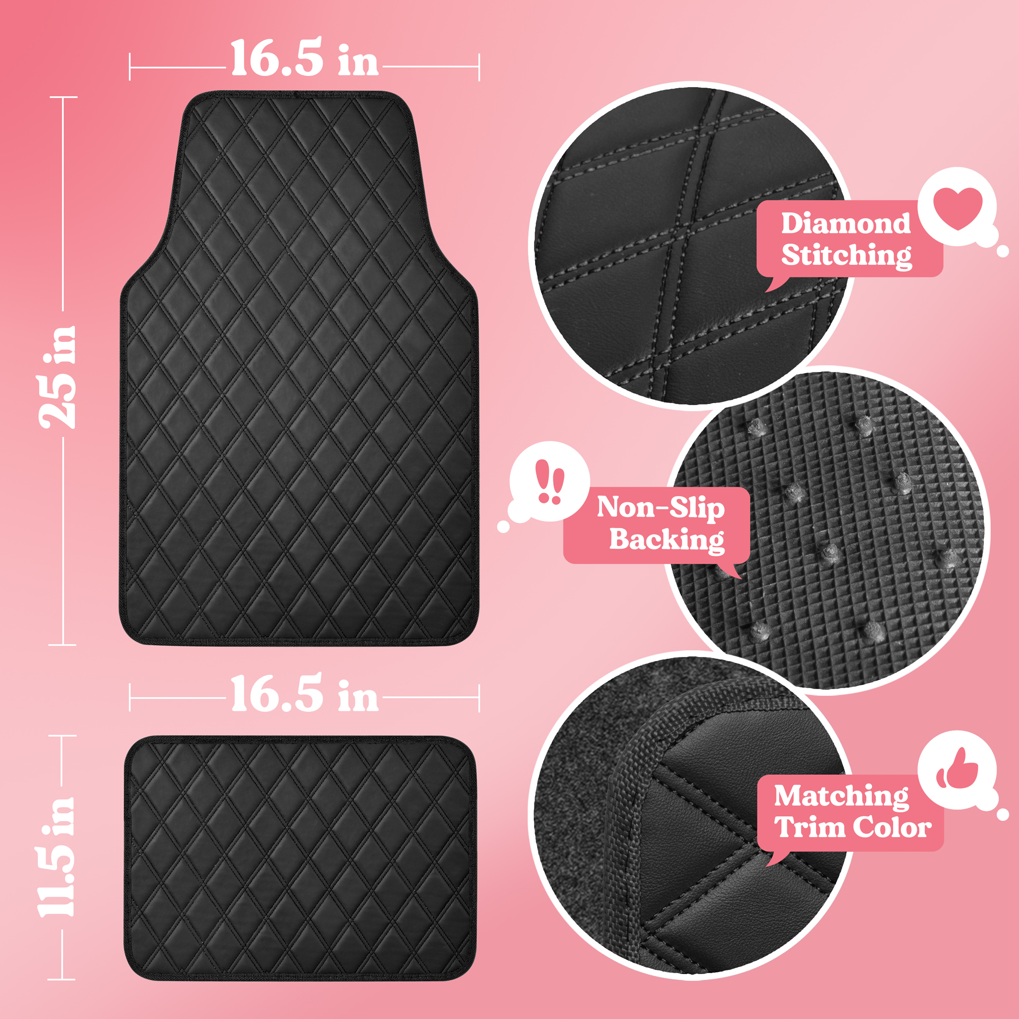 Carbella DiamondLuxe Car Floor Mats, Stylish Faux Leather Car Mats with Diamond Stitched Detail and Matching Taping, Universally Sized All-Weather Floor Mats for Cars Trucks SUV, Full (Black)