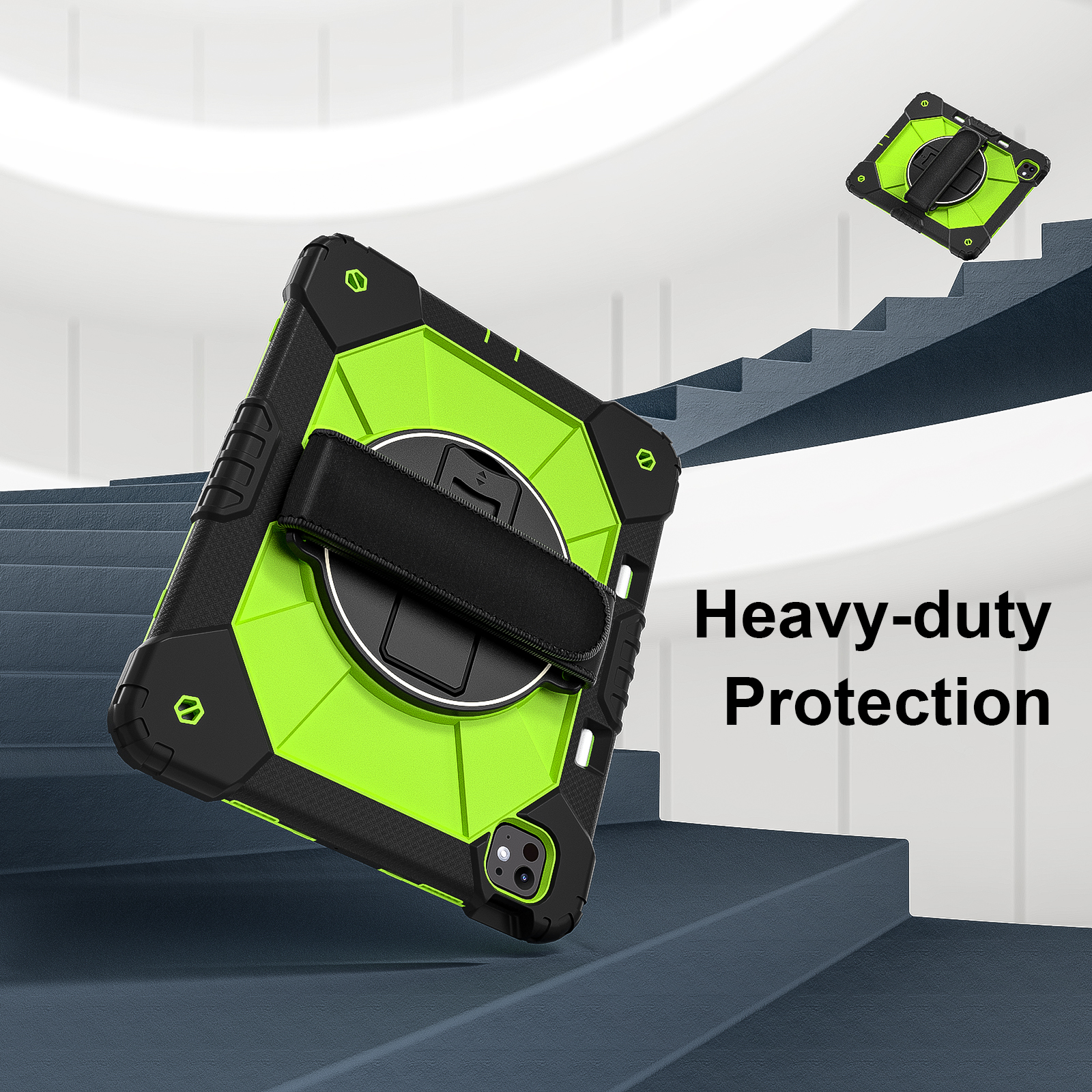 Dteck Case for iPad Pro 13 inch (M4) 2024 with Pencil Holder, Shockproof Silicone + PC 3 Layer Protection Case Heavy Duty 360° Rotating Hand Strap Kickstand Cover,Black+Green
