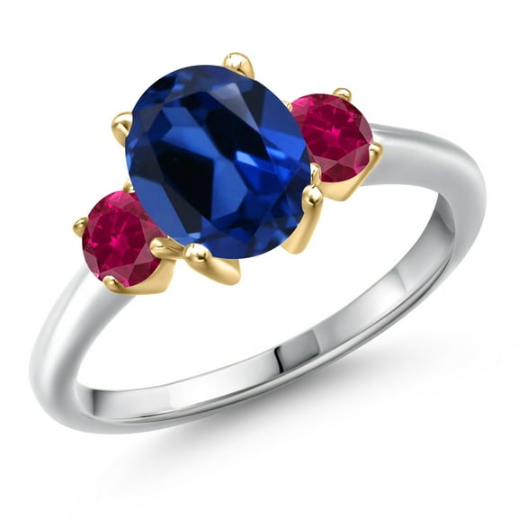 Gem Stone King 925 Silver and 10K Yellow Gold Blue Created Sapphire and Red Created Ruby Engagement Ring for Women | 2.80 Cttw | Oval 9X7MM | Gemstone September Birthstone | Size 8