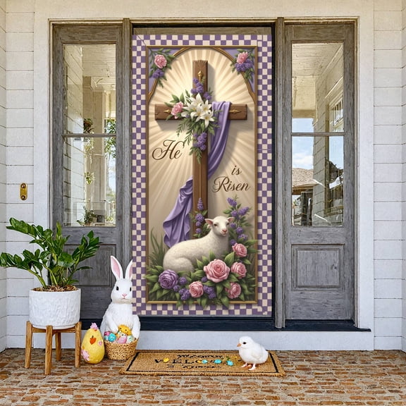 Cross Design He is Risen Banner Purple Fabric Easter Cross Display White Lamb Pink Roses Resurrection Backdrop for Easter Party Church Service Religious Gathering