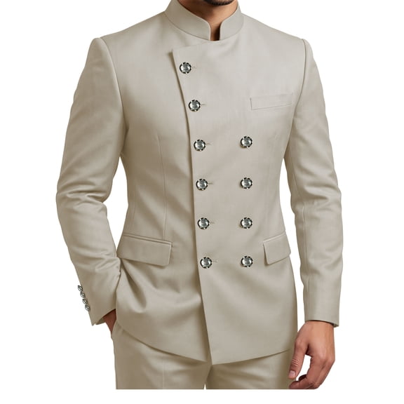 Beige Double Breasted Mandarin Collar Suits for Men 2 Piece Tunic Wedding Tuxedos with Silver Buttons XS