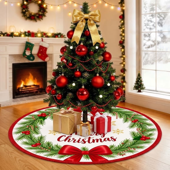 SHENGXINY Christmas Tree Skirt, Red Bow Pine Wreath Printed Polyester Tree Skirt for Xmas Tree Base Home Decor