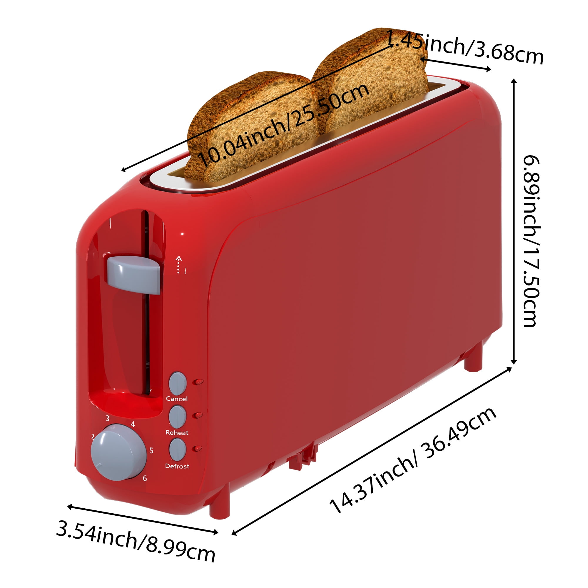 Red 2-Slice Slim Toaster - 10" Long Slot for Bagels & Artisan Bread, 6 Shade Settings, Cancel/Reheat/Defrost, Removable Crumb Tray, Auto Shut-Off
